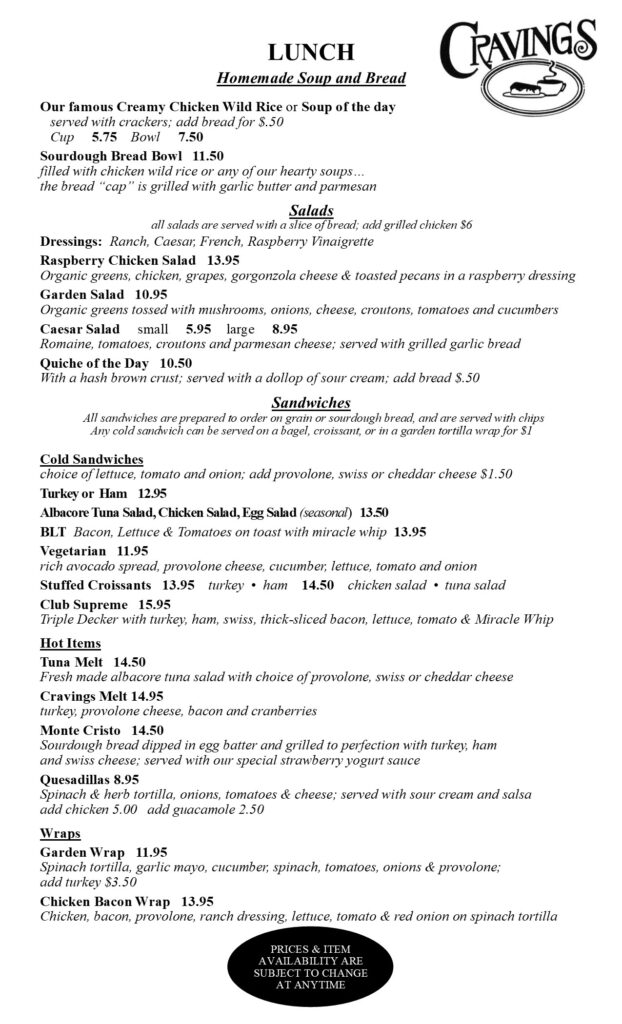 Cafe Cravings lunch menu