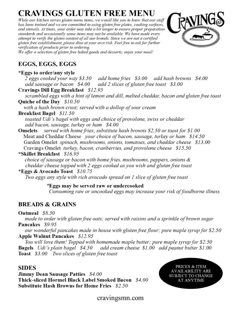 Cafe Cravings gluten-free breakfast menu