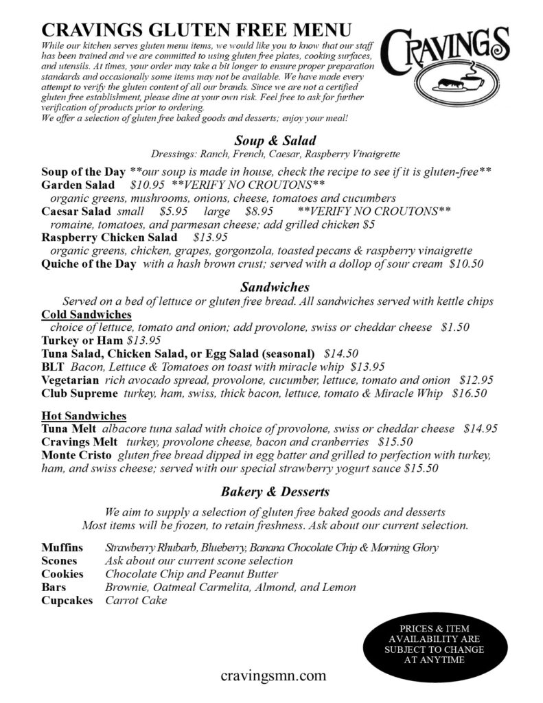 Cafe Cravings gluten-free lunch menu